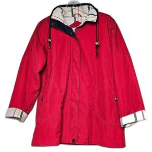 1 Madison Deep Red Haymarket Check Plaid Accent Versatile Mid Length Rain Jacket